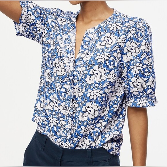 J Crew Linen-cotton blend ruffle top with puff sleeves  White/ Floral Summer XS - Picture 4 of 16